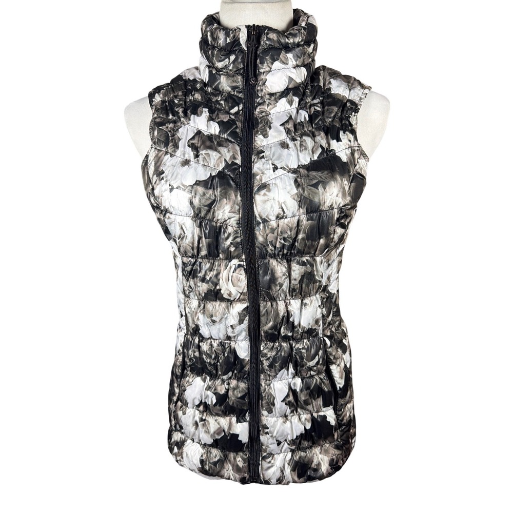 Betsey Johnson Performance Floral Puffer Vest Black White Grey Zip Front Small